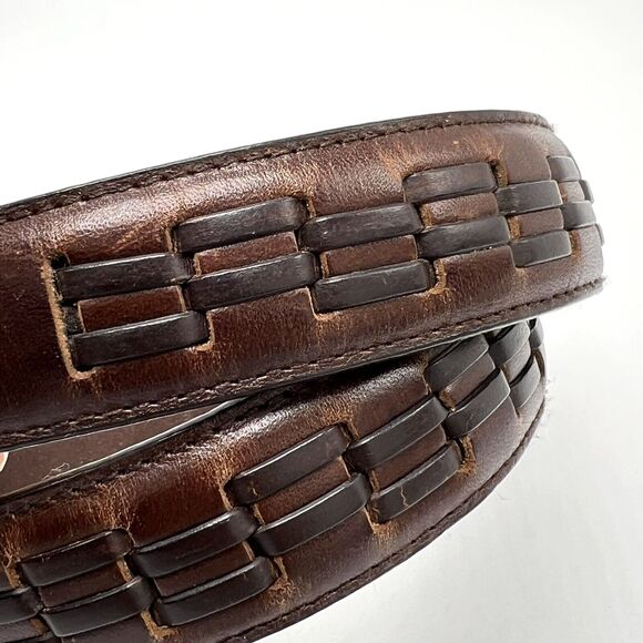 Woven Brown Leather Belt 34 Solid Brass Buckle Vintage Boho Western Streetwear - Picture 5 of 11